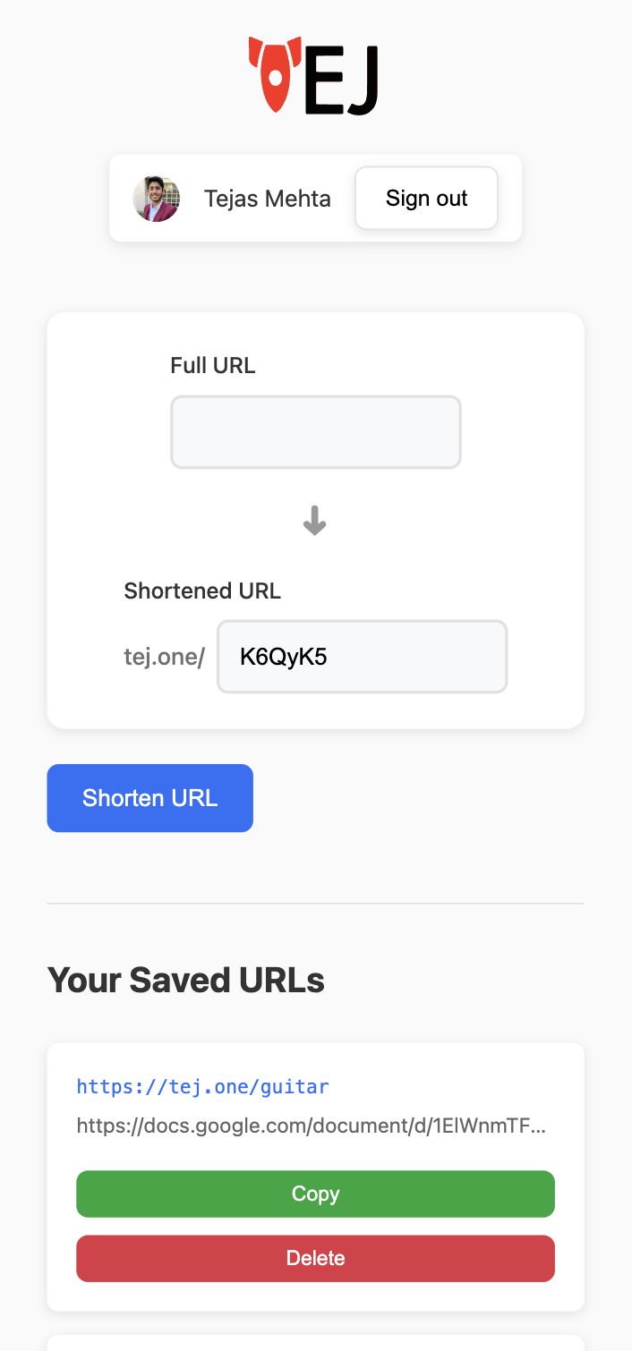 tej.one URL shortener interface